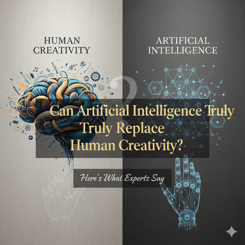 Artificial intelligence and human creativity concept showing human brain and AI circuit merge